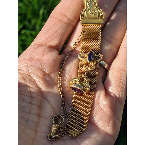 Antique Gold Fill Vest Pocket Clip Watch Chain Mesh Charm Victorian w/ Amethysts - Picture 7 of 12